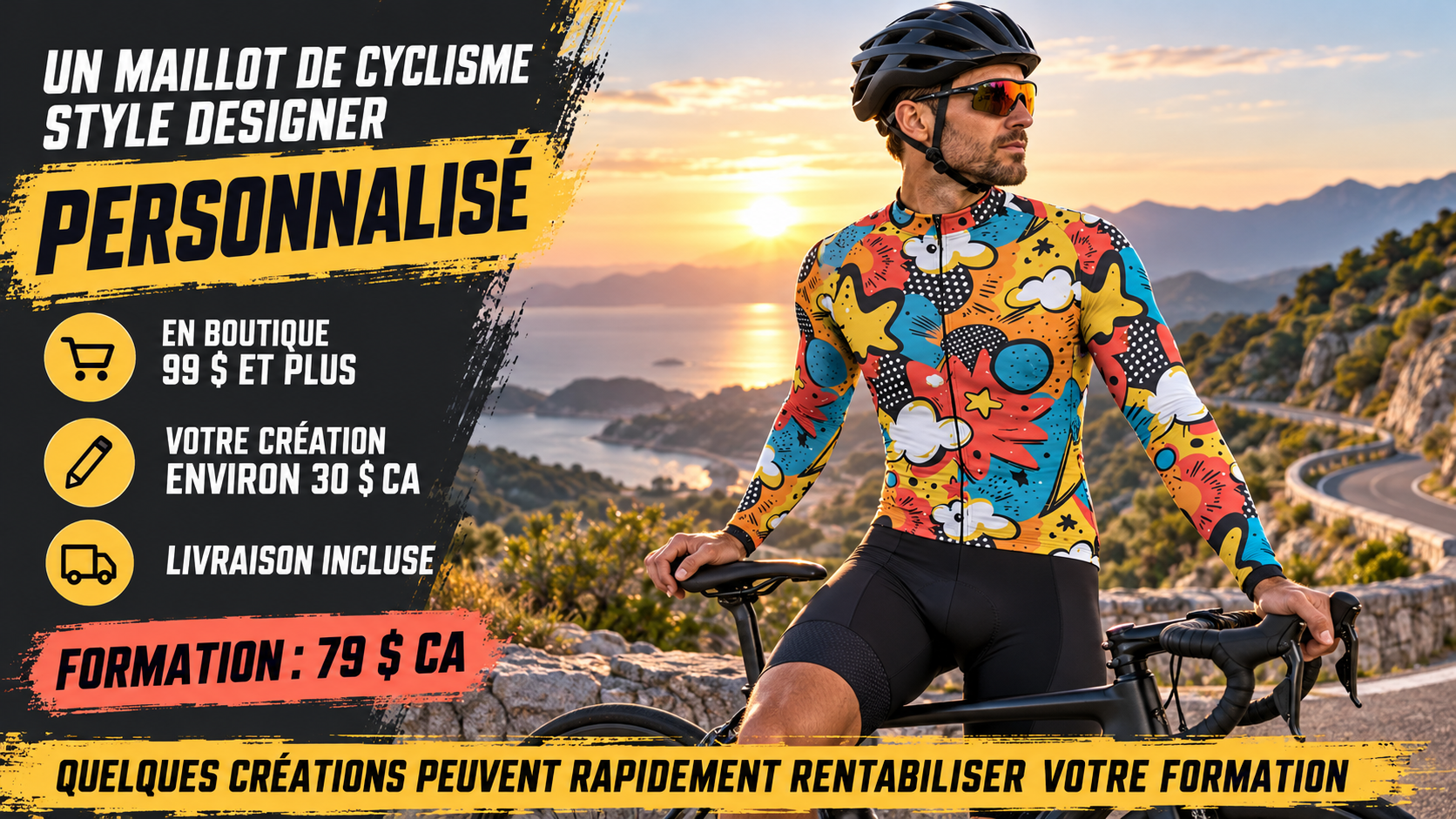Affiche : un cycliste au lever du soleil portant un maillot pop art personnalisé — en boutique 99 $ et plus, votre création environ 30 $ CA, livraison incluse