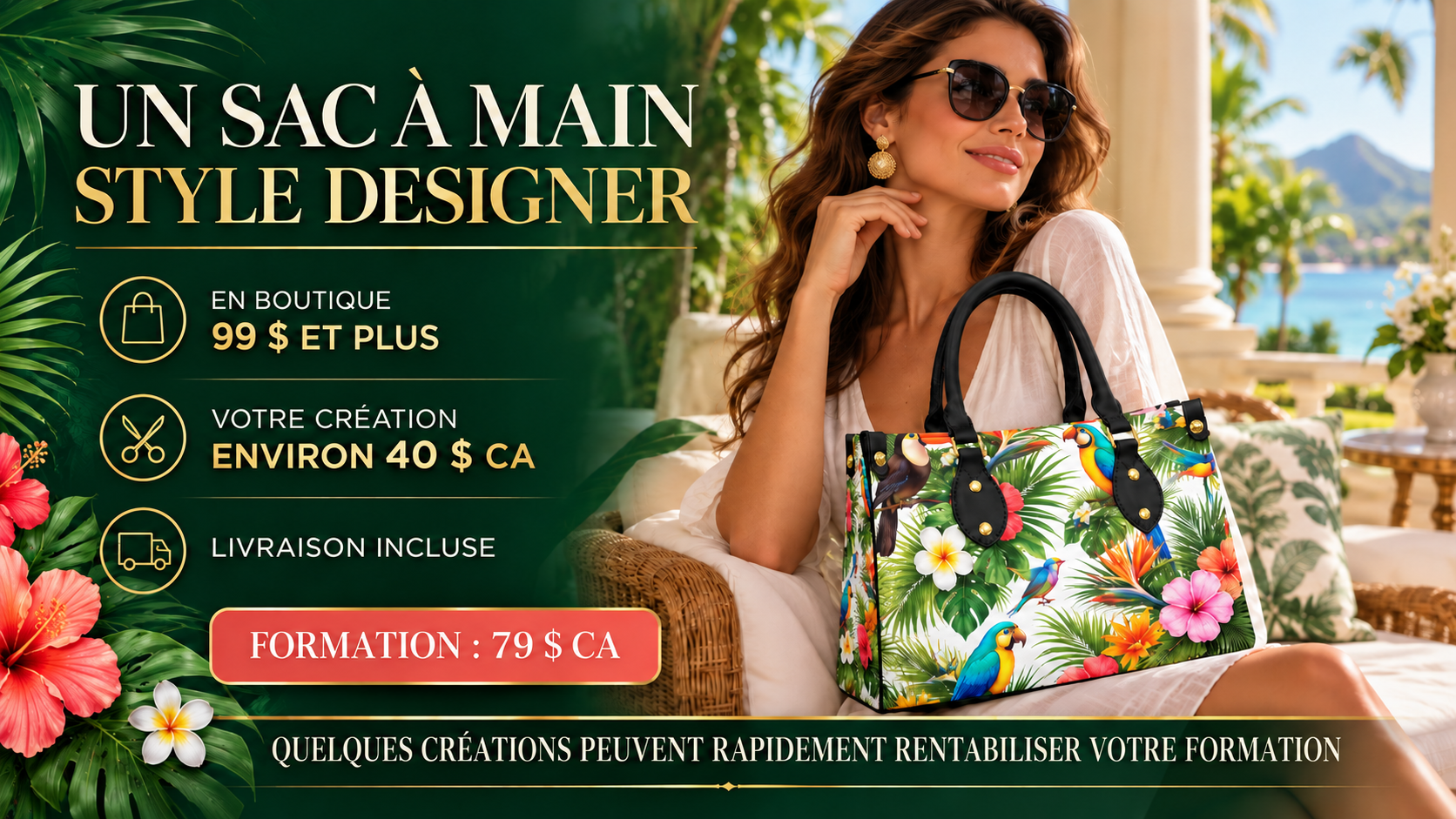 Affiche : une femme tenant un sac à main tropical personnalisé style designer — en boutique 99 $ et plus, votre création environ 40 $ CA, livraison incluse