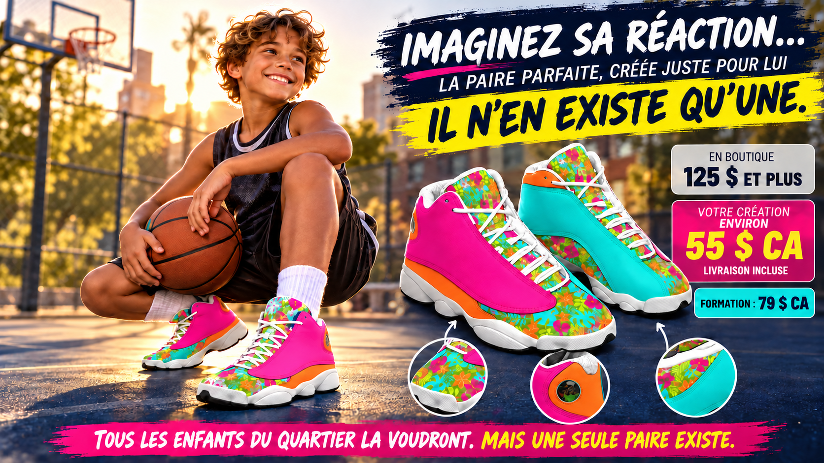 Affiche : un enfant sur un terrain de basketball portant des sneakers hauts fleuris uniques — en boutique 125 $ et plus, votre création environ 55 $ CA, livraison incluse