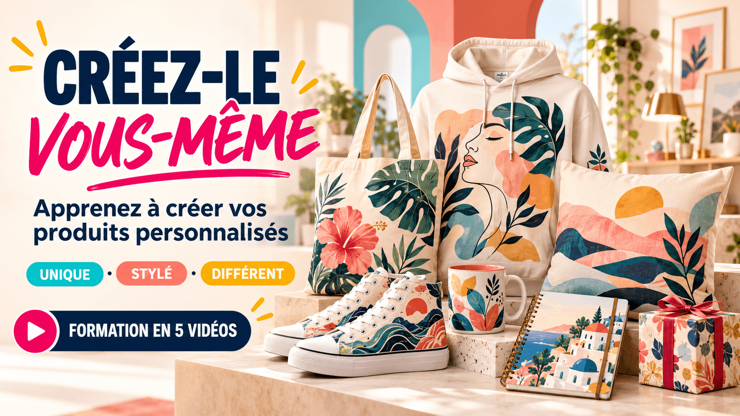 Produits personnalisés créés avec la formation : coton ouaté, sac fourre-tout, chaussures, tasse, coussin et cadeau aux motifs botaniques colorés